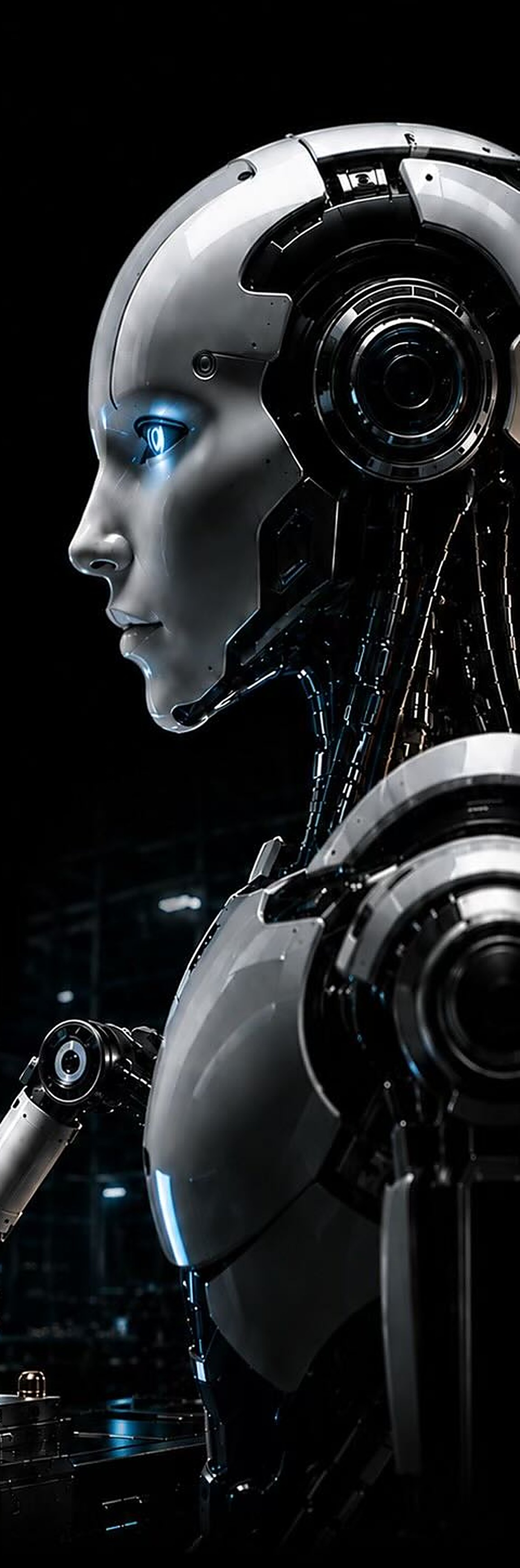 Humanoid robot working at a bench