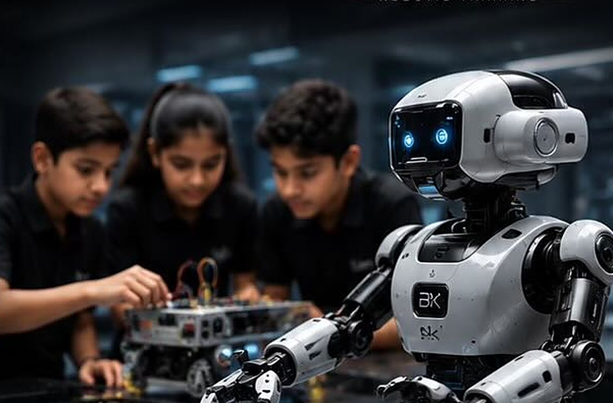 Students building a robot together in class